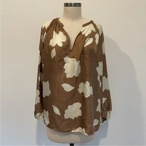 Theory Open V Neck Blouse Top Bright Caramel Floral Silk - Size Large